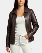 Women Classic Zip Fastening Leather Jacket Julia Zenith Brown